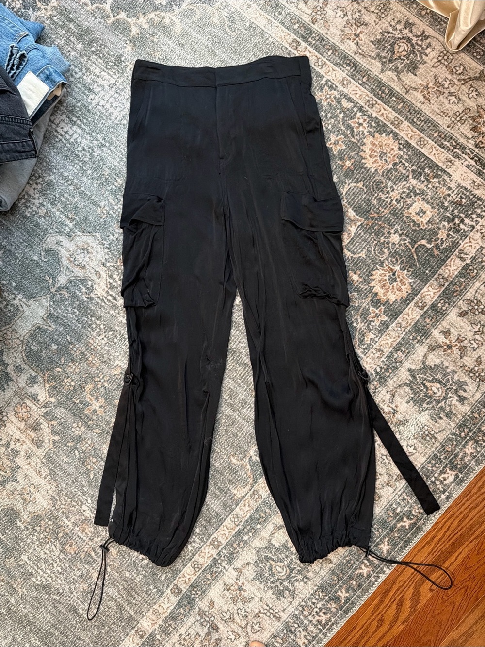 Zara Silky Black Cargo Trousers with Drawstring Ankles